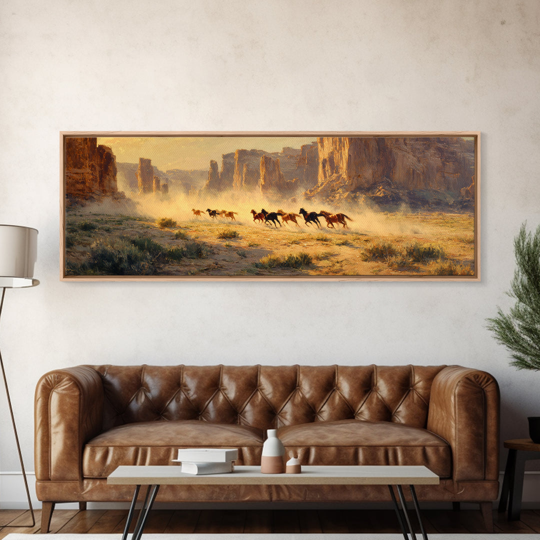 Wild Horses Running Through Desert Canyon Wall Art, Western Landscape Canvas Print, Southwest Decor, Rustic Living Room Art