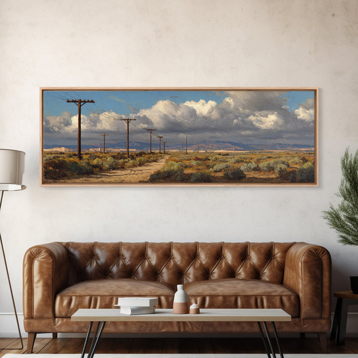 Desert Telephone Poles And Storm Clouds Wall Art, Western Landscape Canvas, Rustic Southwest Decor, Panoramic Print For Living Room