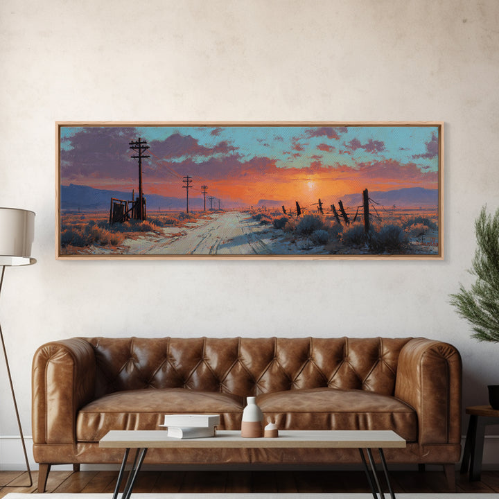 Snowy Country Road Sunset Wall Art, Rustic Winter Landscape Canvas, Farmhouse Decor, Wide Horizontal Print, Cozy Gift For Her