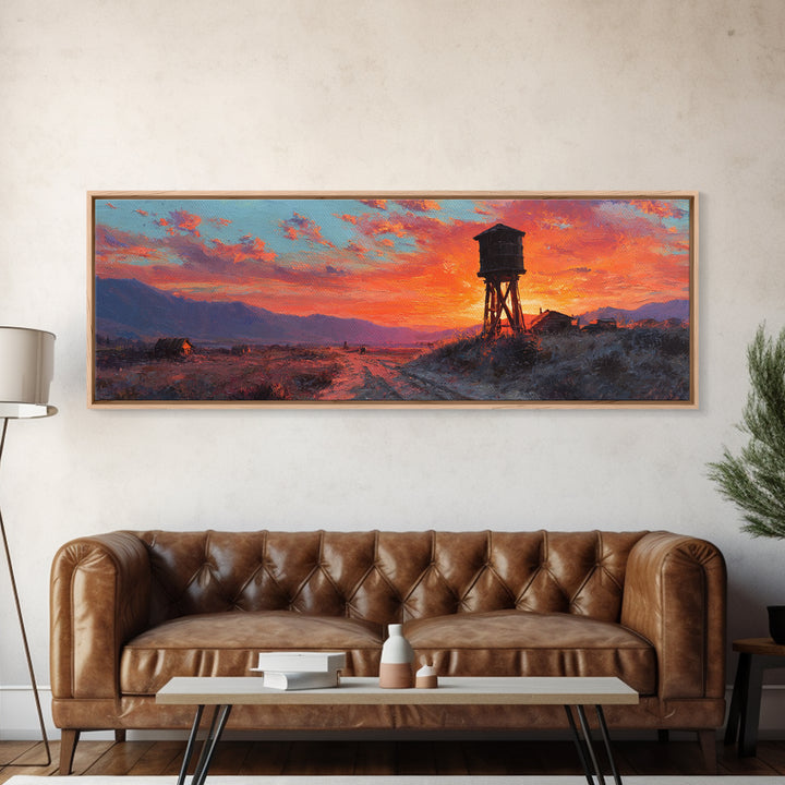Sunset Water Tower Wall Art, Rustic Western Landscape Canvas Print, Farmhouse Country Decor, Warm Above Sofa Living Room Art Gift
