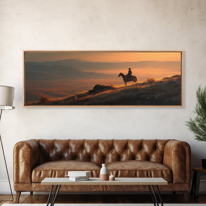 Cowboy Sunset Mountain Landscape Wall Art, Western Horse Rider Canvas Print, Rustic Ranch Decor, Masculine Office Art Gift