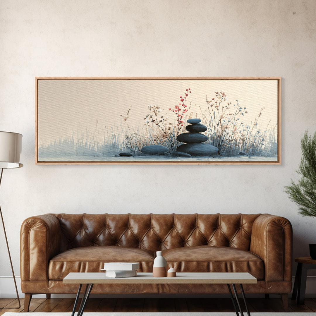 Zen Stacked Stones Wall Art, Minimalist Floral Canvas Print, Calming Spa Decor, Meditation Room Art, Neutral Home Decor Print