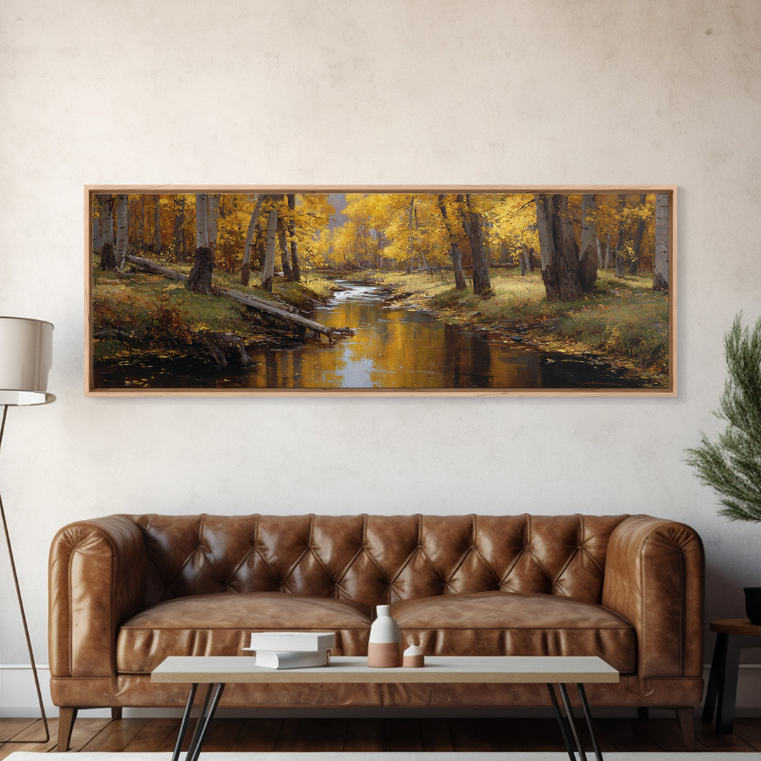 Golden Autumn Forest Creek Wall Art, Impressionist Aspen Landscape Canvas, Warm Nature Print, Rustic Living Room Decor, Cozy Home Decor