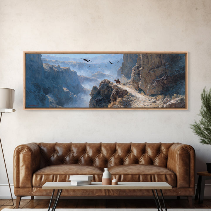 Snowy Mountain Canyon Rider Canvas Print, Western Landscape Wall Art, Eagle Wilderness Decor, Rustic Office Gift For Him