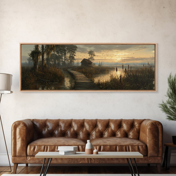Misty Marsh Boardwalk Cabin Sunrise Birds Wall Art, Serene Wetlands Landscape Canvas Print, Rustic Nature Decor, Lake House Gift