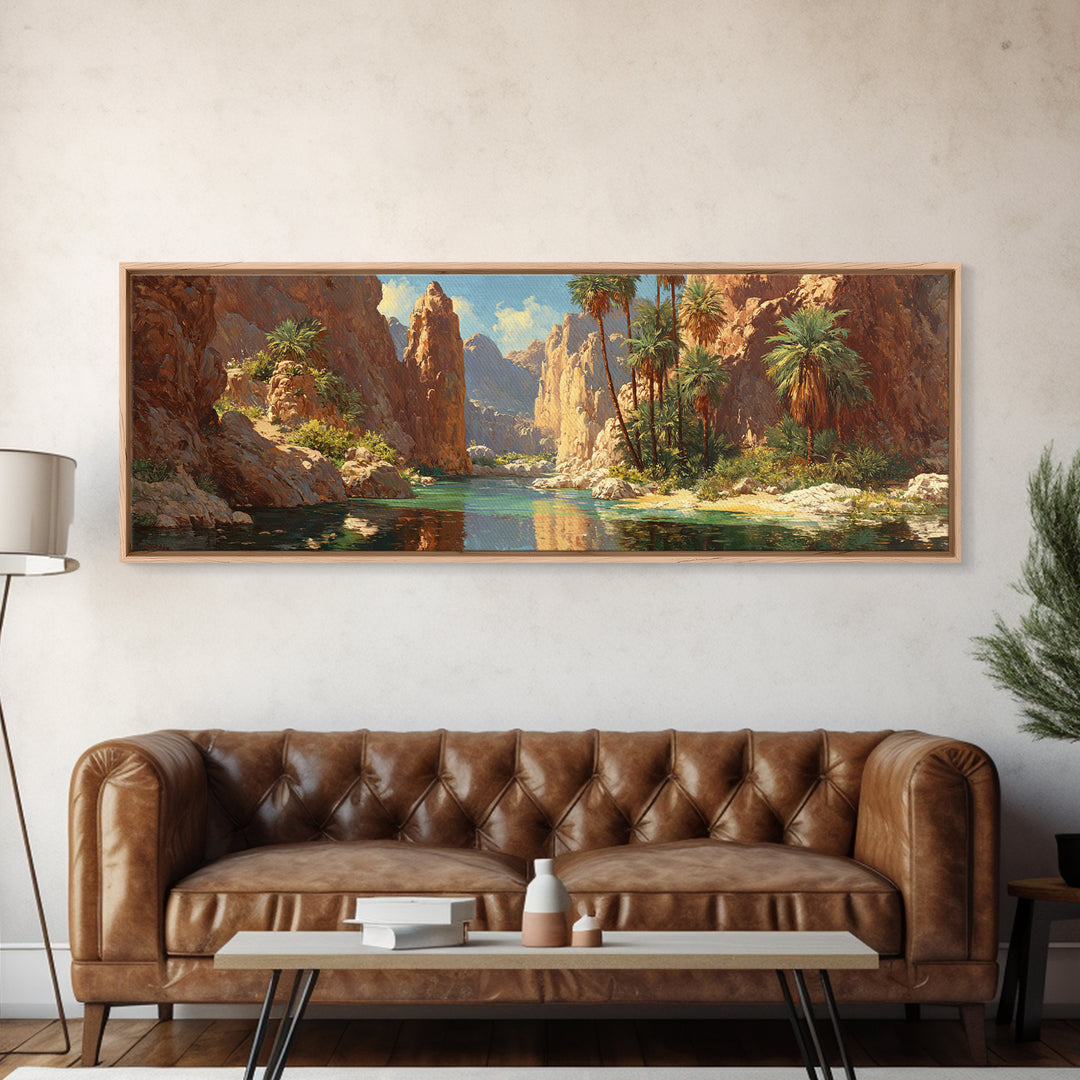 Desert Canyon Oasis Framed Canvas Print, Palm River Landscape Wall Art, Southwestern Decor, Large Panoramic Nature Print