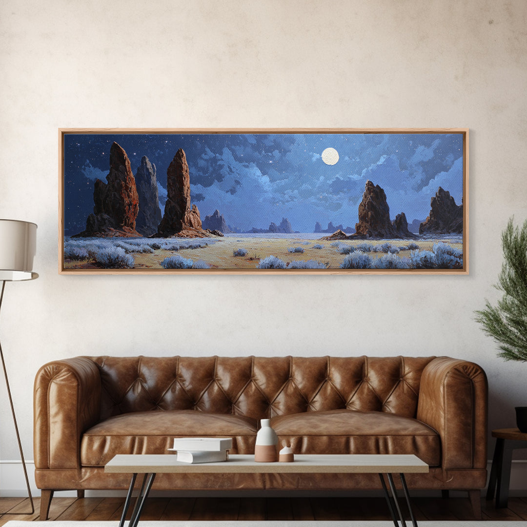 Moonlit Desert Rock Spires Canvas Print, Surreal Landscape Wall Art, Night Sky Decor, Southwestern Art, Moody Bedroom Wall Art