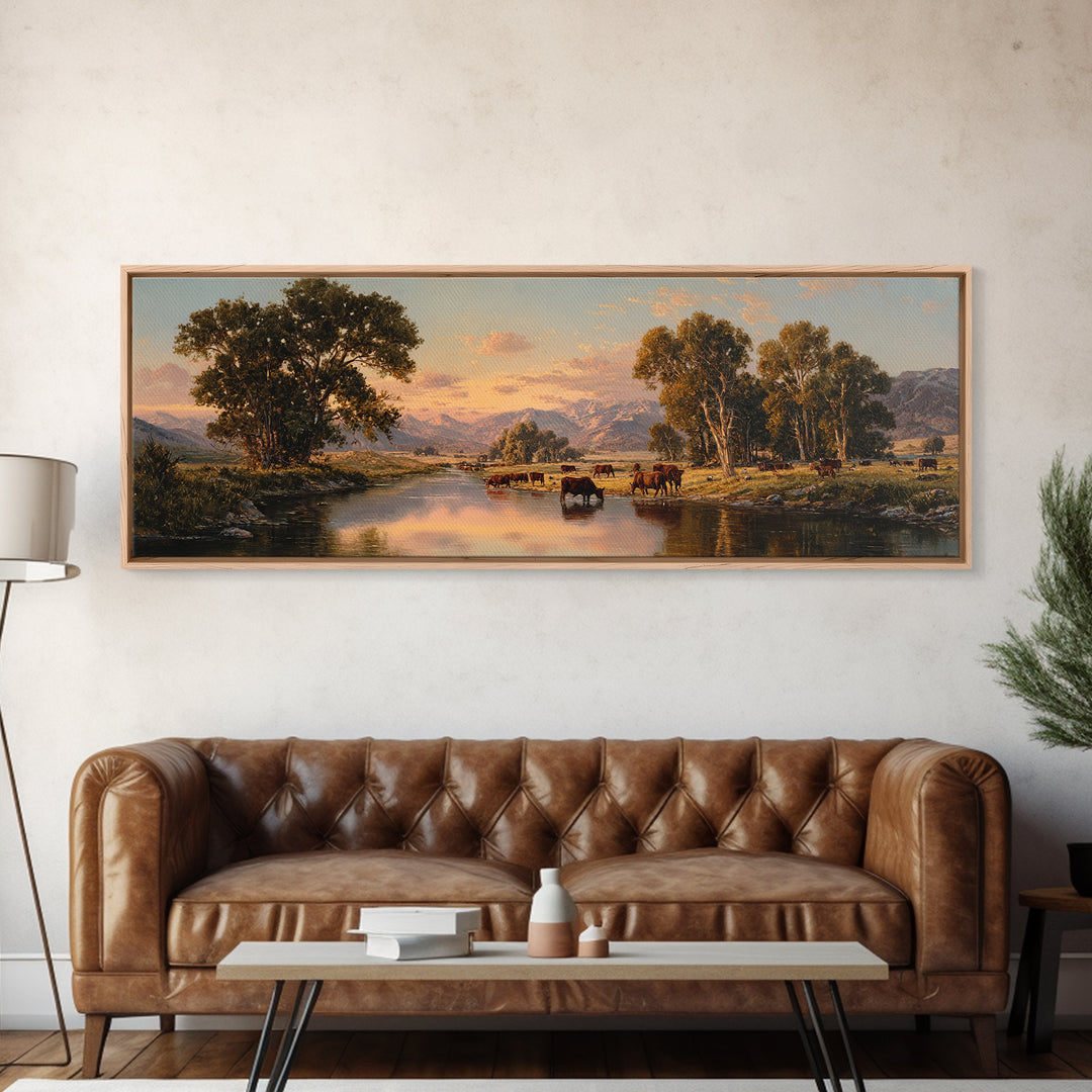 Pastoral River Cattle Valley Wall Art, Mountain Ranch Landscape Canvas, Western Farmhouse Print, Rustic Home Decor, Large Living Room Decor