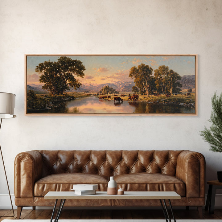 Pastoral River Cattle Valley Wall Art, Mountain Ranch Landscape Canvas, Western Farmhouse Print, Rustic Home Decor, Large Living Room Decor