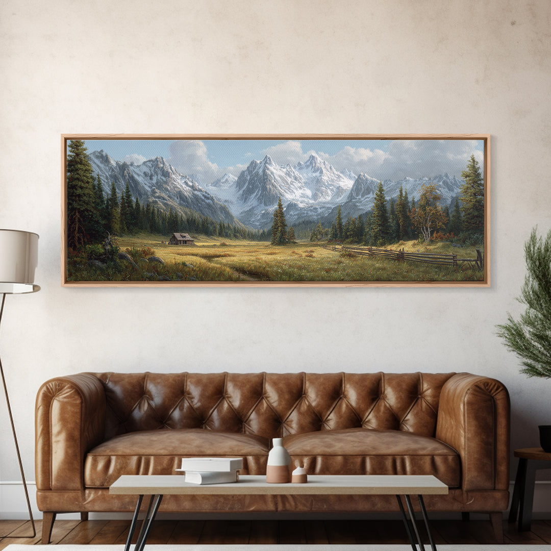 Alpine Meadow Cabin And Snowy Mountains Framed Canvas Print, Landscape Wall Art, Rustic Farmhouse Living Room Decor Gift