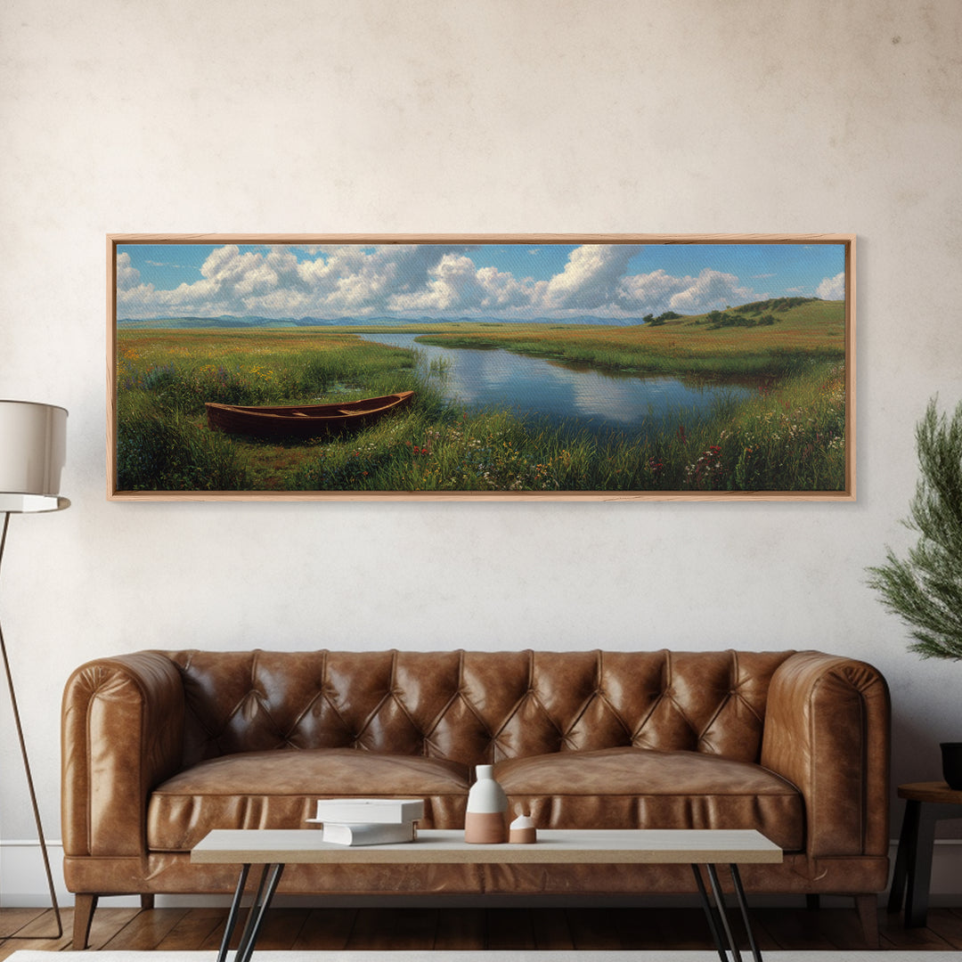 Peaceful Meadow River Boat Wall Art, Panoramic Landscape Canvas Print, Lake House Decor, Nature Wall Decor, Above Sofa Art