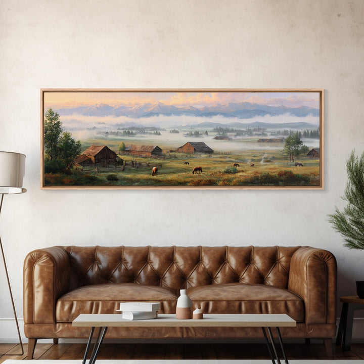 Misty Mountain Ranch Wall Art, Rustic Farmhouse Landscape With Cattle, Country Home Decor, Large Living Room Canvas Print