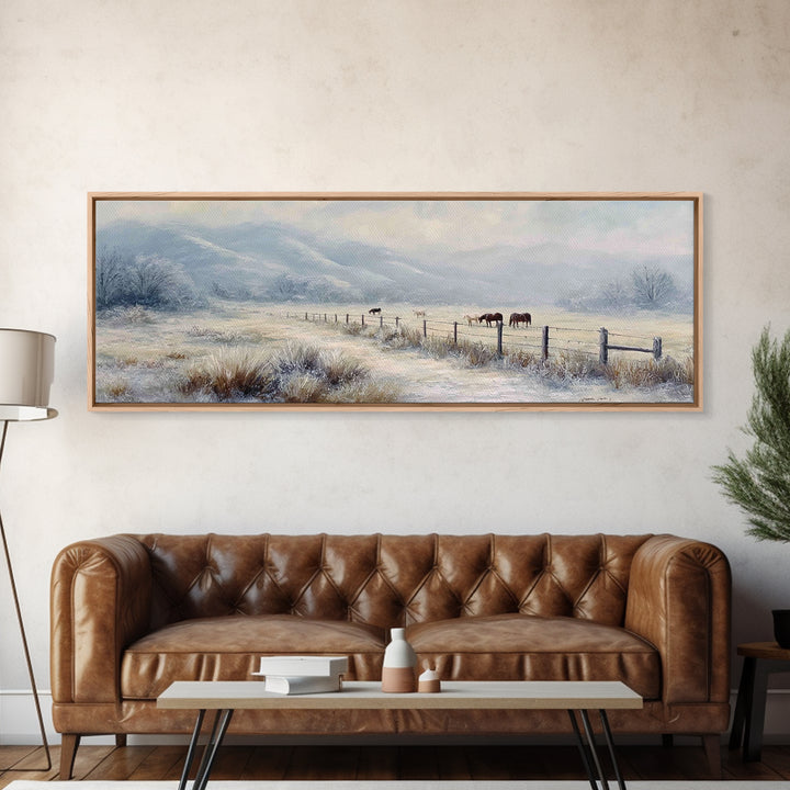 Snowy Pasture Horses Wall Art, Winter Ranch Landscape Canvas Print, Rustic Farmhouse Decor, Country Living Room Gift For Her