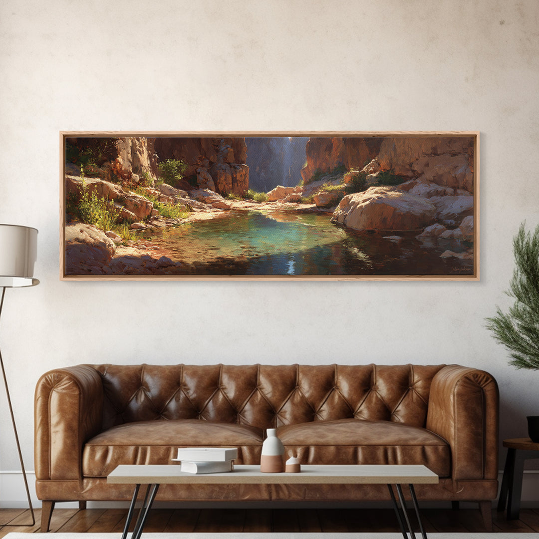 Turquoise Canyon Oasis Stream Wall Art, Desert Landscape Painting, Southwestern Decor, Nature Canvas Print For Living Room