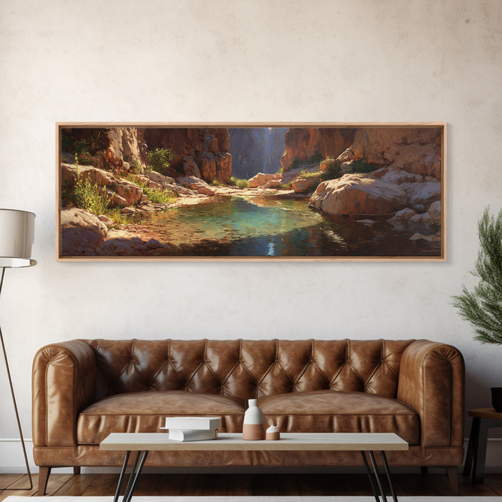 Turquoise Canyon Oasis Stream Wall Art, Desert Landscape Painting, Southwestern Decor, Nature Canvas Print For Living Room