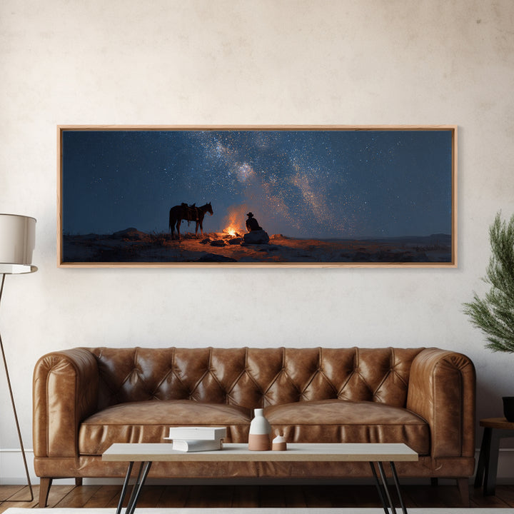 Cowboy Campfire Under Milky Way Wall Art, Western Night Sky Canvas Print, Rustic Desert Decor For Cabin And Man Cave Home Decor