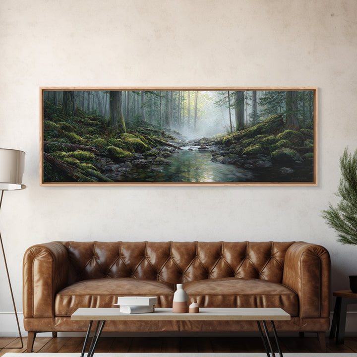 Misty Forest Stream Landscape Wall Art, Mossy Woodland Canvas Print, Nature Decor, Cabin Wall Decor, Calming Office Art Print