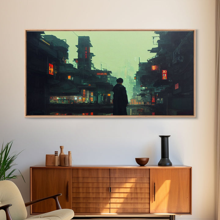 Japanese Style Cyberpunk City, Futuristic Cyberpunk Art, Framed Canvas Print, Ready To Hang Wall Art, Framed Wall Art, Hard Boiled