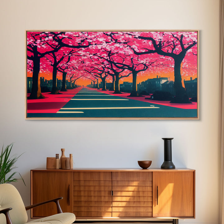 Street lined with Cherry Blossoms, Cherry Blossom Tree  Art, Framed Canvas Print, Ready To Hang Wall Art, Framed Wall Art