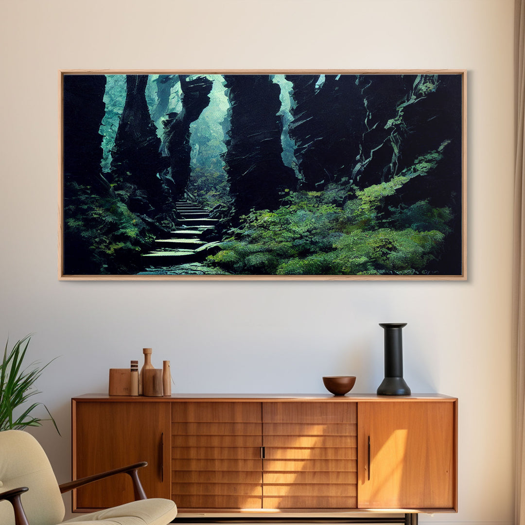 Fantasy Forest with Temple Steps, Wall Decor, Ready To Hang Framed Canvas Print, Oversize Wall Art