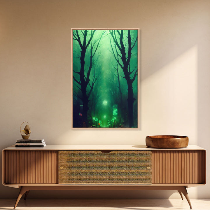 Emerald green city streets under a full moon, cool spooky art, framed canvas print