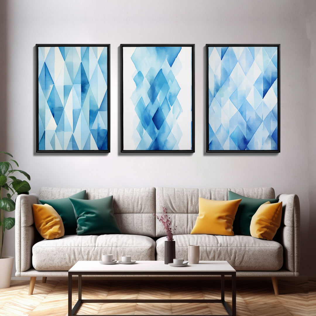 Watercolor Blue Geometric Pastel Diamond Art, Framed Canvas Print, Minimalist / Abstract Midcentury Modern Art, MCM Art, Living Room Decor