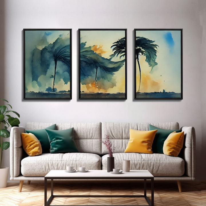 Watercolor of a palm tree blowing in a hurricane, storm art, 3 piece canvas print, 3 piece wall art