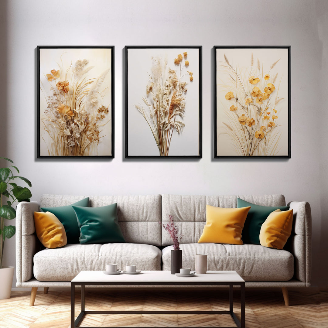 Framed Canvas Wall Art Set of 3, Modern Farmhouse Decor, Botanical Prints, Neutral Colors, Minimalist Art, Boho Home Decor