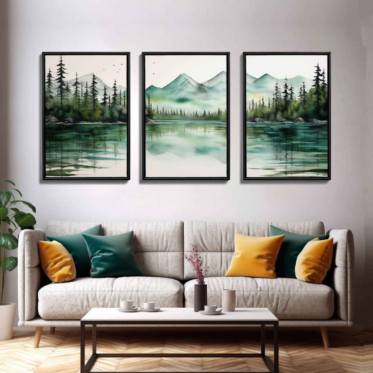 3 Panel Framed Canvas Print Wall Art Set of 3 Emerald Green Mountain Forest Lake Landscape Minimalist Modern Art Nature Wall Decor Pine Tree
