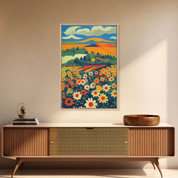 Surrealist field of daisy flowers, daisies, psychedelic art, Framed Canvas Print, Ready To Hang Framed Wall Art