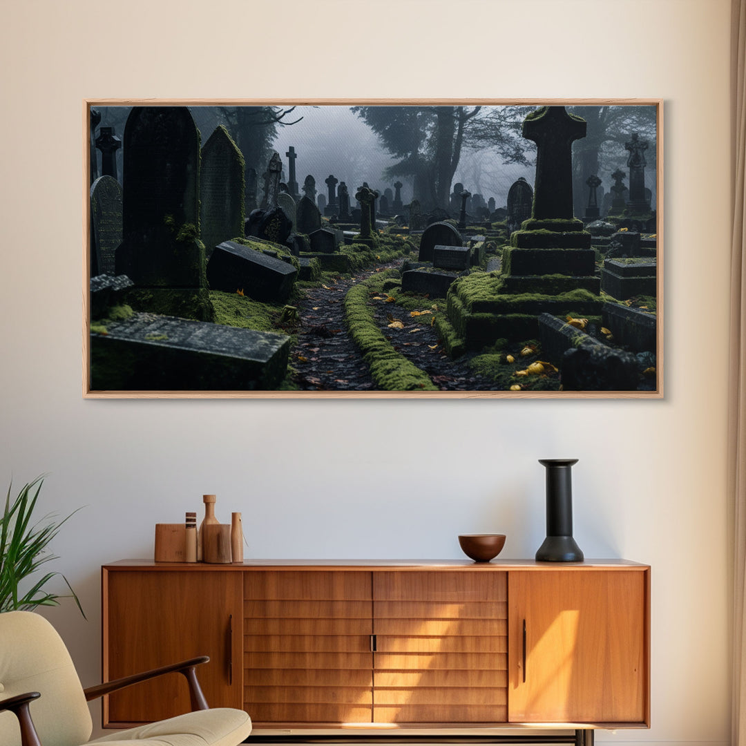 Moss Covered Cemetary, Haunted Graveyard Photography, Halloween Decor, Framed Canvas Print, Halloween Wall Art