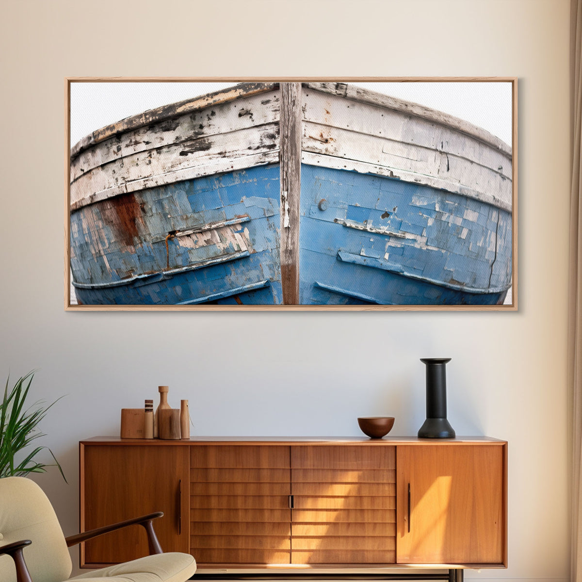 Photo Of An Old Wooden Boat With Peeling Paint, Framed Canvas Print, Nautical Wall Art, Lakehouse Decor