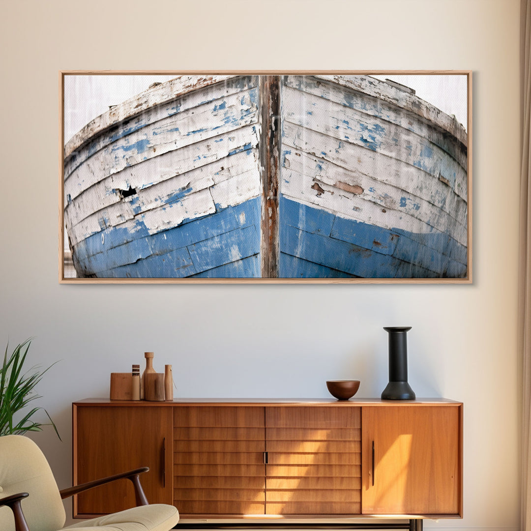 Photo Of An Old Wooden Boat With Peeling Paint, Framed Canvas Print, Nautical Wall Art, Lakehouse Decor