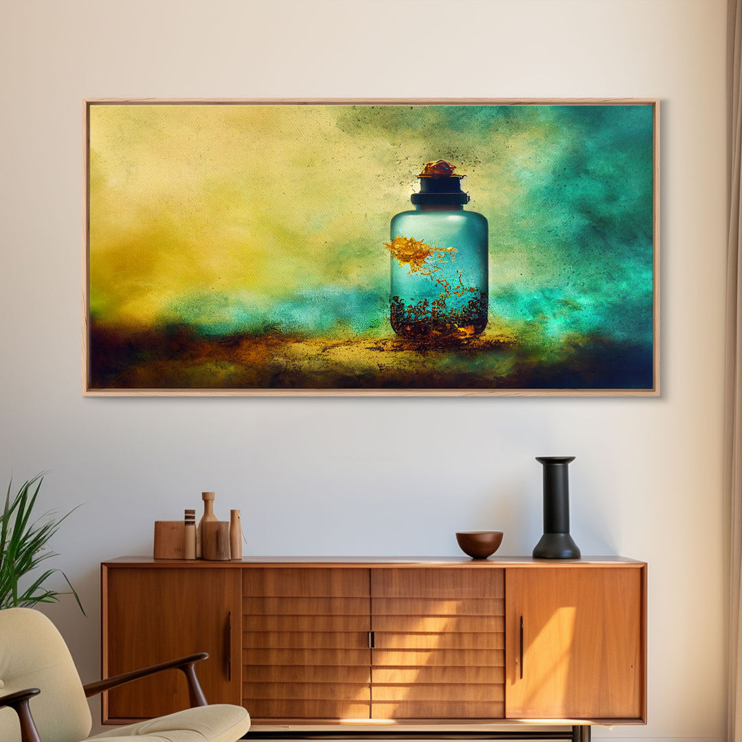 Mini world in a bottle, colorful miniature world art, framed canvas print, ready to hang framed wall art