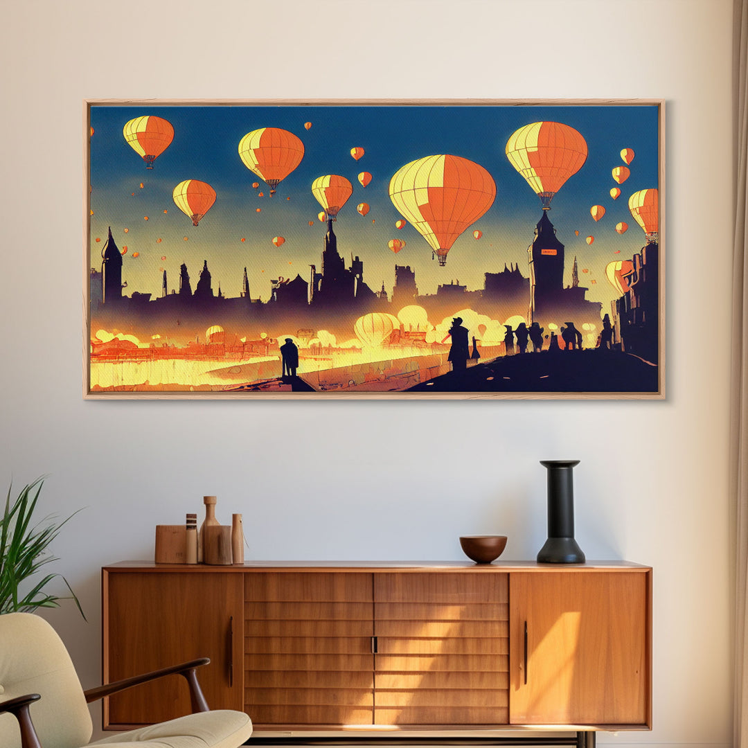 Flight of the balloons, hot air balloon armada, framed canvas print, ready to hang framed wall art