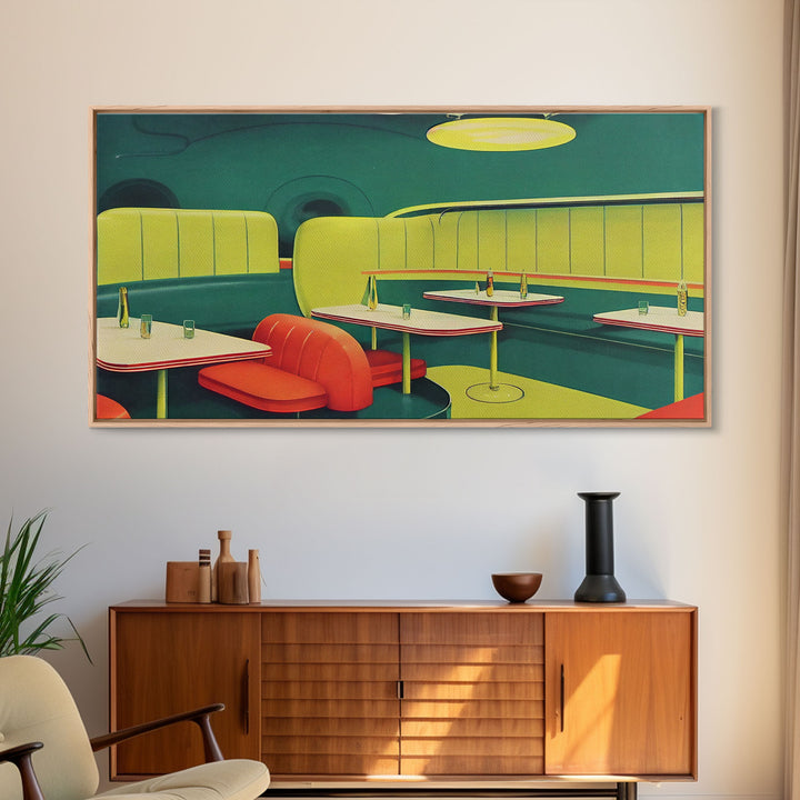 Retro Art, Lime green 1950s style art deco diner, framed canvas print, ready to hang framed wall art