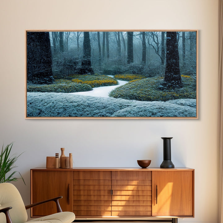 Cabin art, snow covered winter forest, winter vacation home art, framed canvas print, ready to hang framed wall art