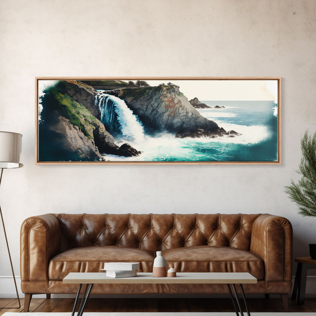 Panoramic Framed Canvas Print - Watercolor Fantasy Waterfall - Home Decor, Living Room, Secret Water Fall, Fantasy Art