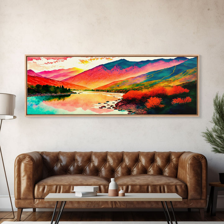 Colorful Abstract Watercolor Landscape, Framed Panoramic Canvas Print, Wide Art, Rainbow landscape painting, surrealist art
