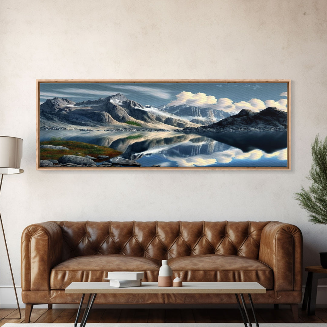 Panoramic Framed Canvas Print of Snow Covered Mountain & Reflection in Lake - Watercolor Landscape Painting for Home Decor