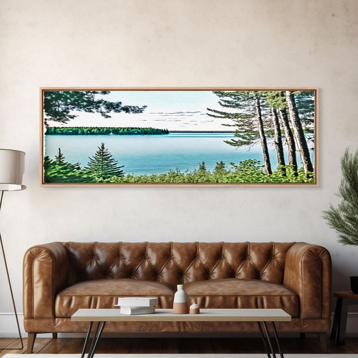 Pacific Northwest Lake Scene Watercolor Landscape Canvas Print - Framed Panoramic Artwork for Home Decor - Pine Tree Forest Lake Landscape