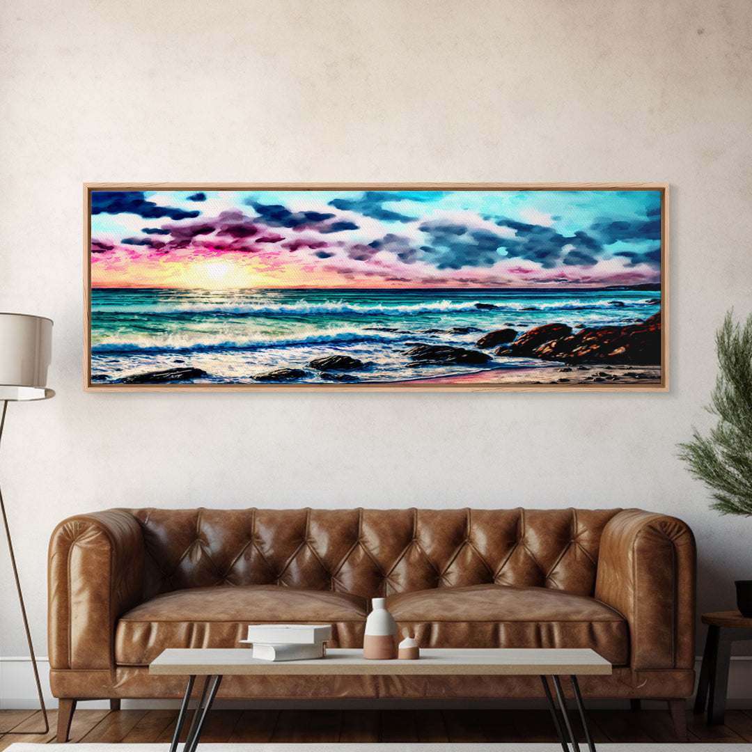 Vibrant Beach Panoramic Framed Canvas Print - Watercolor Landscape Painting with Clouds & Waves - For Home or Office Decor