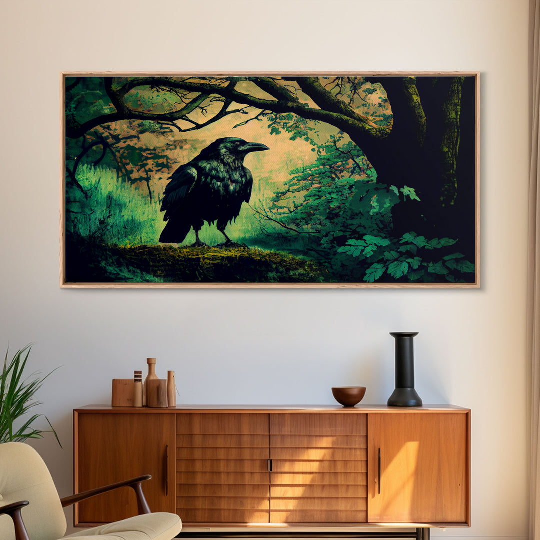 Raven Art Print, Framed Canvas Art, Black Bird, Crow Art
