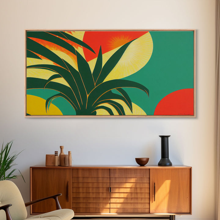 Midcentury Style Art Deco Palm Leaf, Framed Canvas Print, Framed Art, Wall Decor, Palm Tree, Tropical Art, green and gold art