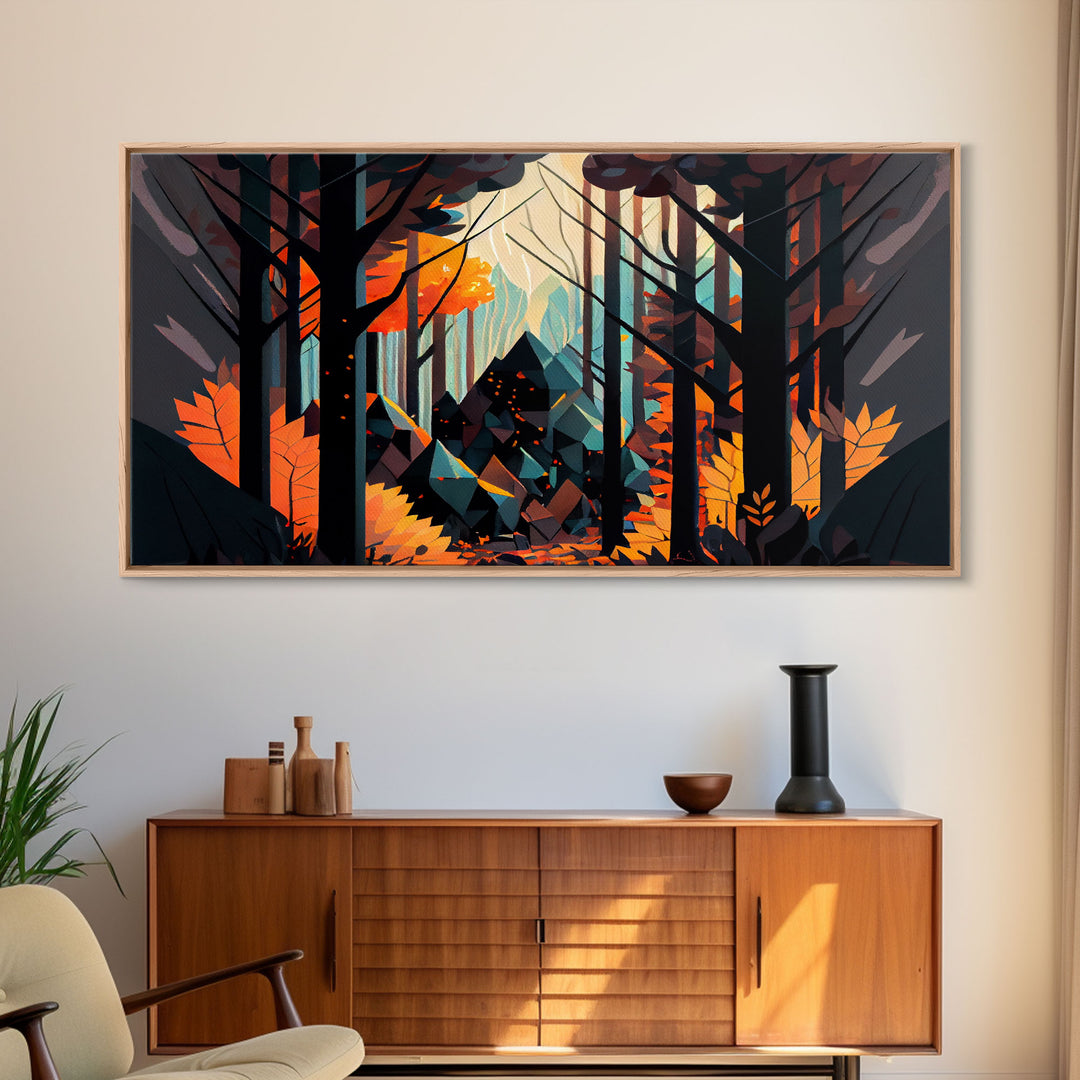 Forest fire seen through a kaleidoscope, framed canvas print, wall art