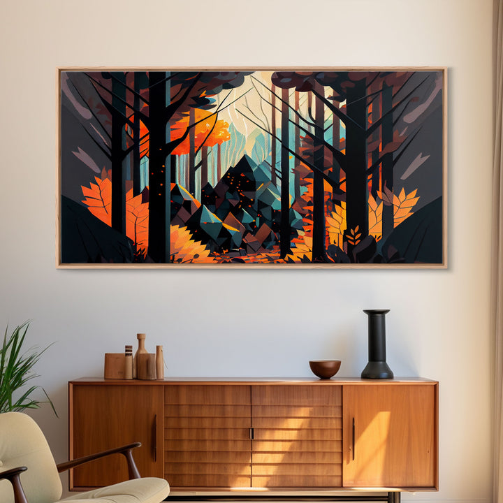 Forest fire seen through a kaleidoscope, framed canvas print, wall art