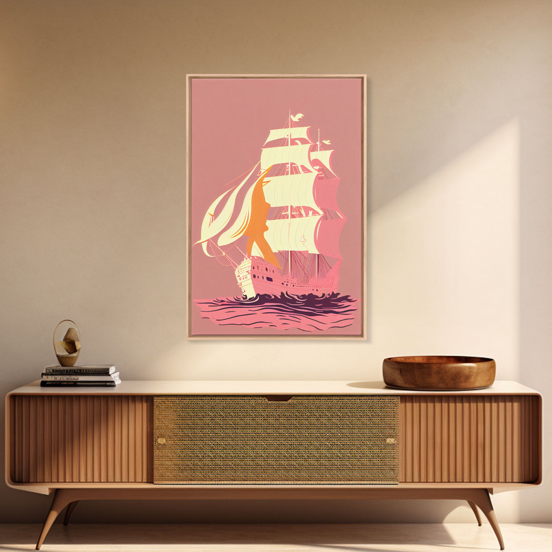 Pastel pirate ship, pink boat, vaporwave pirate ship, framed canvas print, framed wall art