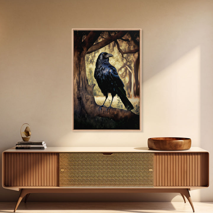 Portrait of a raven, cool crow art, framed canvas print