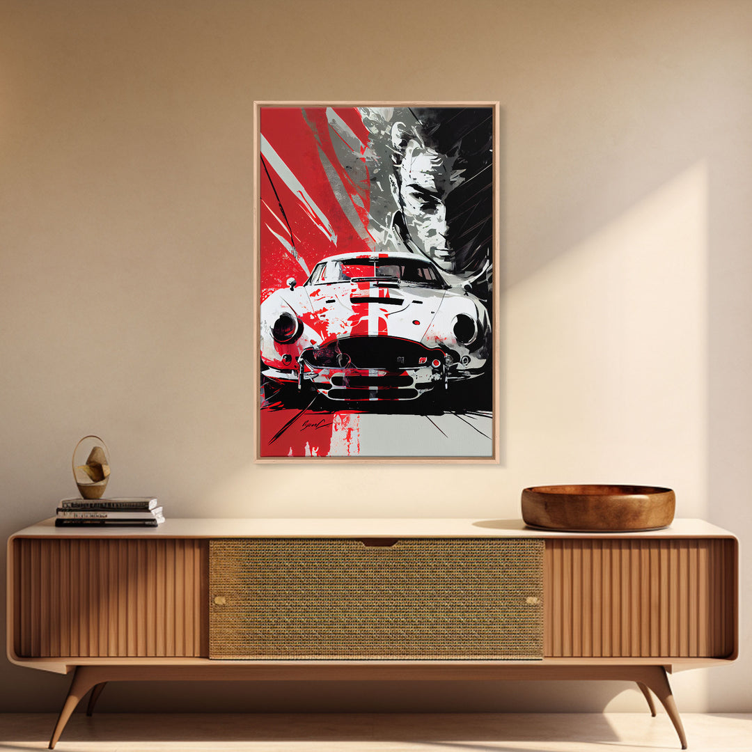 Vintage sports car graffiti art, framed canvas print, wall decor, mancave art