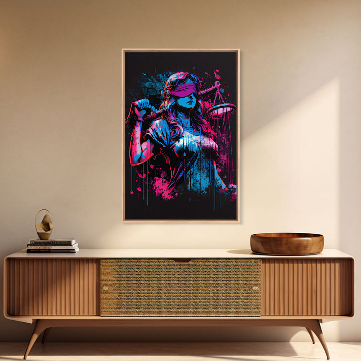 Graffiti art, lady justice, vaporwave cyberpunk justice is blind, fine art poster print